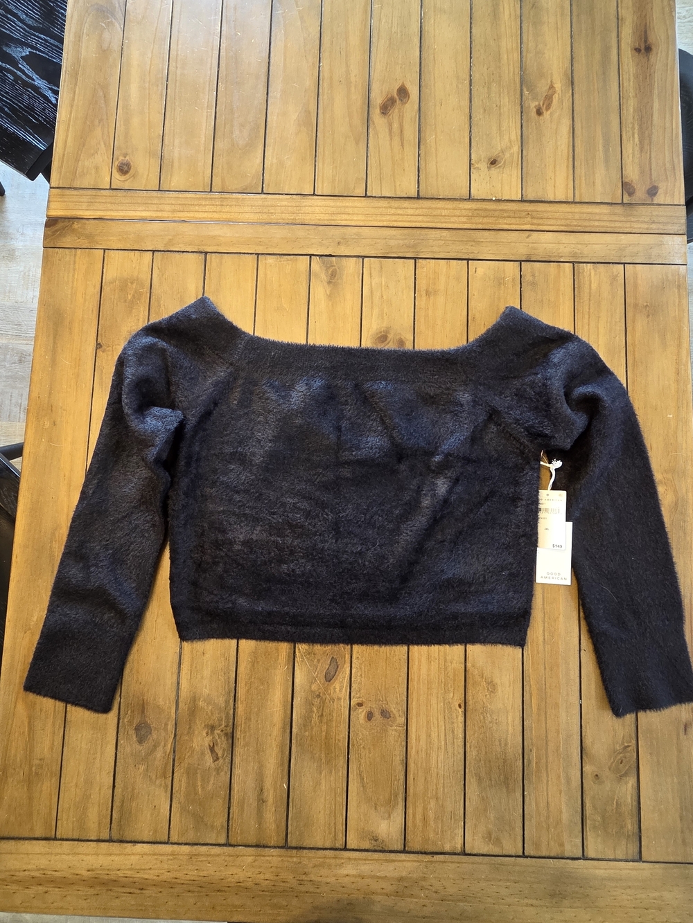 Good American Black Fuzzy Off-the-Shoulder Cropped Sweater